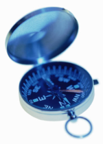 Photograph of a blue-tinted sighting compass on a white background